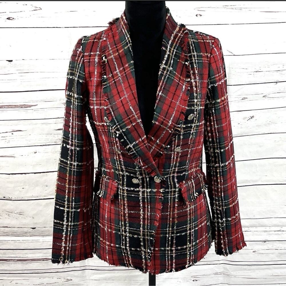 Rachel Zoe Jacket Women’s Tartan Red Green Blazer Double Breasted Tweed Plaid M